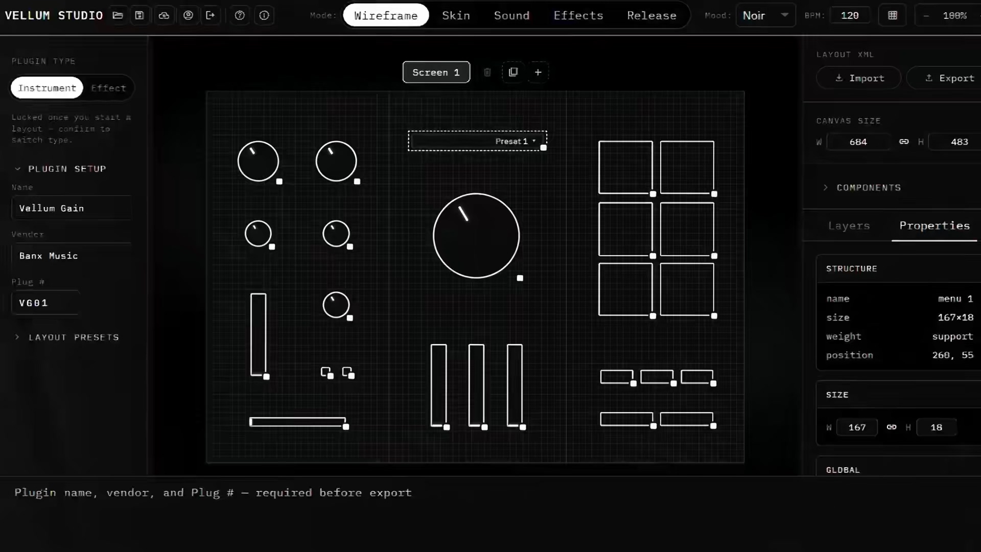 Vellum Studio — Screen 1, wireframe mode