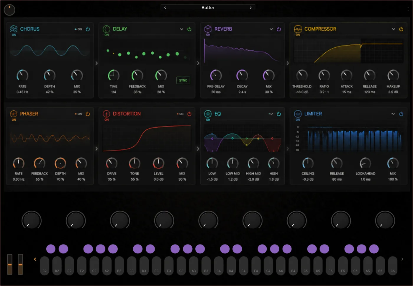 Skinned screen showing a full eight-module effects rack